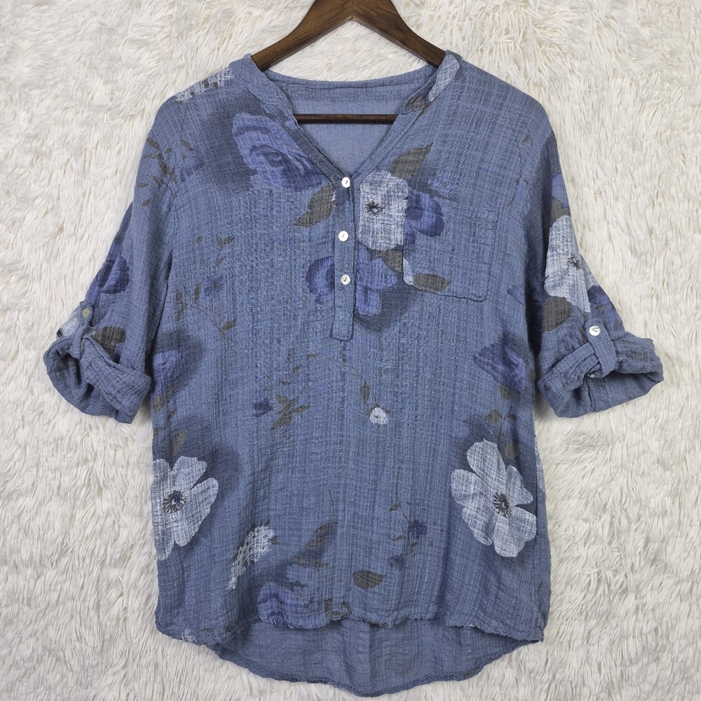 Womens M‎ Blue Linen Blend Roll Tab V Neck Henley Top Gauzy Floral Made In Italy